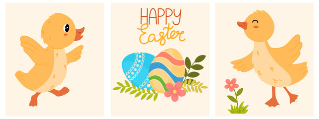 Cute Easter cards set. Cute baby farm birds and eggs. Spring collection. Hand draw Flat cartoon vector illustration for poster, card, scrapbooking, stickers - obrazy, fototapety, plakaty
