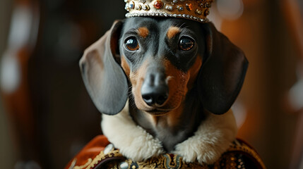 Dachshund Dog Dressed as a King with Crown, Cute Pet Costume for Halloween or Carnival, Funny Canine Wearing Royal Attire and Holding a Scepter, Adorable Animal Cosplay, Generative AI

 - obrazy, fototapety, plakaty