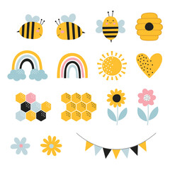 Zestaw wektorowy urocze pszczoły, plastra miodu, słońca, chmury, kwiatu i innych elementów © lujelen@gmail.com