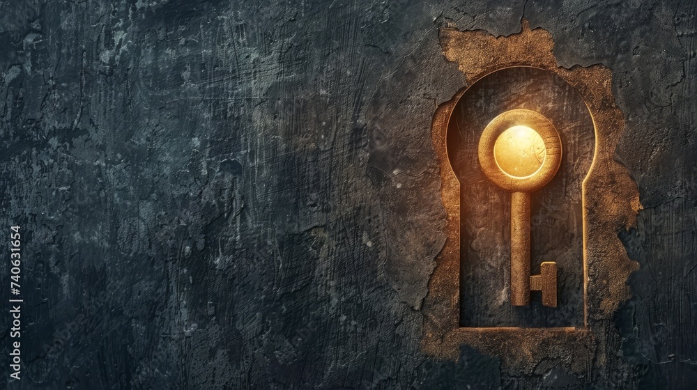 Poster mysterious keyhole with light shining through on dark background, copy space for text