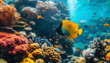 Fototapeta na wymiar Vibrant foxface fish gliding through colorful saltwater coral reef in aquarium setting