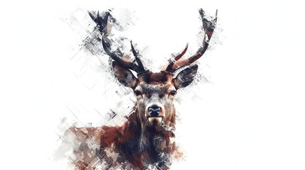 Majestic Deer with Impressive Horns, Isolated on White Background, Graceful Wild Animal Portrait in Natural Habitat, Antlers Symbolizing Strength and Beauty, Wildlife Photography, Generative AI

