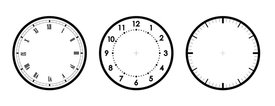 Clocks face with black frame and hands. PNG Simple classic wall clock with Arabic numbers, with Roman numeral and without numbers isolated.