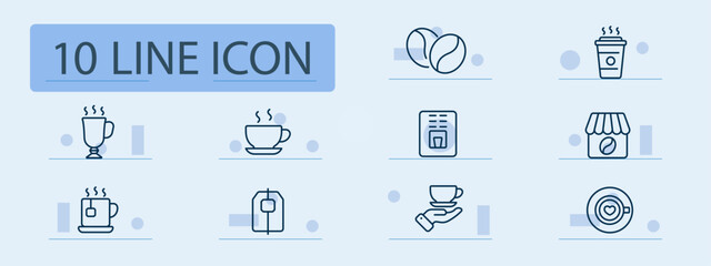 Coffee house set line icon. Cup, tea, glass, drink, caffeine, grinding, grains, dishes.. Pastel color background. Vector line icon for business and advertising