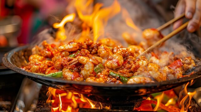 Professional Chef Cooking Food With Flaming Fire In Restaurant Kitchen Close Up Shot