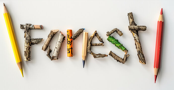The word "Forest" made from old, used pencils, symbolizing trees and the importance of preserving forests.