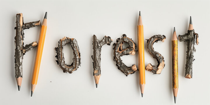 The word "Forest" made from old, used pencils, symbolizing trees and the importance of preserving forests.