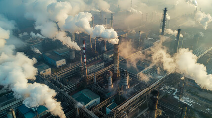 industrial, factory, environment, pollution, smoke, plant, city, sunset, ecology, landscape, technology - obrazy, fototapety, plakaty