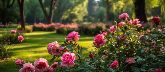 Beautiful bunch of pink roses blooming in a serene garden full of vibrant flowers and greenery - obrazy, fototapety, plakaty