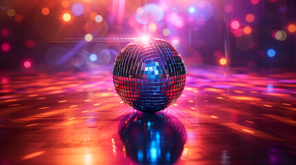 Fototapeta na wymiar Disco Ball Sphere with Colorful Disco Lights, Party Decorative Element for Celebration Events and Nightclub Atmosphere, Shiny Mirror Ball Reflecting Light Beams, Entertainment Concept, Generative AI