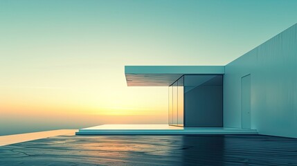House in modern minimalist style at sunset, on a lonely island - obrazy, fototapety, plakaty