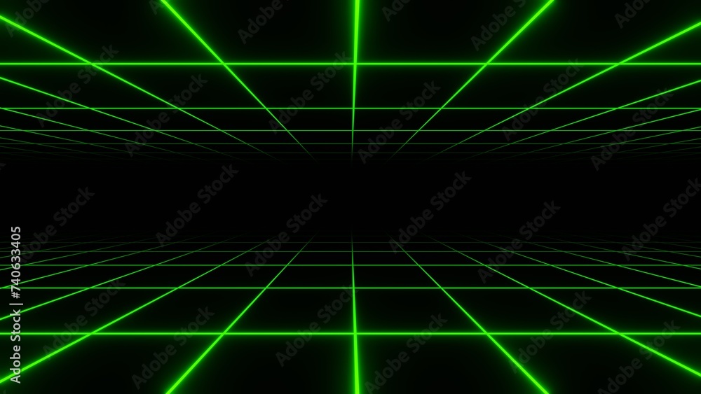 Poster 3d retro neon green abstract grid background with laser lines. synthwave grid videogame style. vj fu
