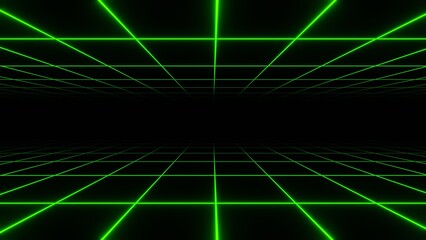 3d retro neon green abstract grid background with laser lines. Synthwave grid videogame style. Vj futuristic sci-fi 80s 90s y2k wireframe net. Disco music  template