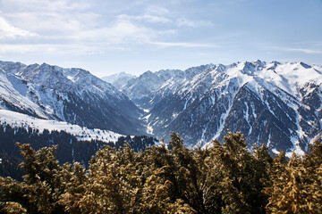 Karakol ski resort in Kyrgyzstan. View from top of slope on snow capped high mountains. Winter natural landscape, mountain range, Brown bushes in the foreground. Frozen river in gorge.