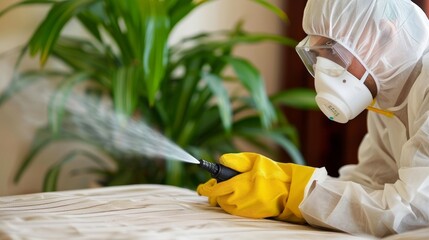 Professional pest control technician spraying insecticide in bedroom interior to eliminate pests