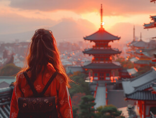 Woman looking at Japan's temples at sunset