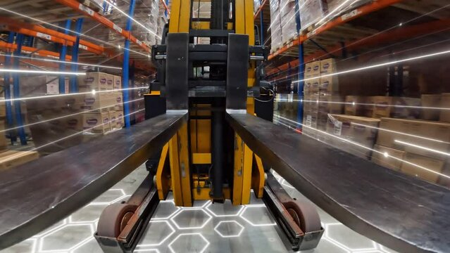 Forklift in the warehouse concept. work in a modern warehouse concept. Forklift in a modern warehouse. Visualization of modern technologies in the warehouse of the factory.