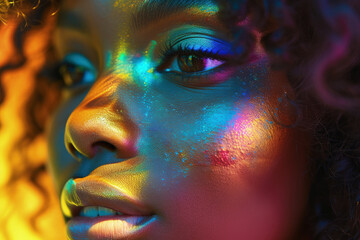 Retrato artístico de mujer africana con polvo y humo de colores - obrazy, fototapety, plakaty