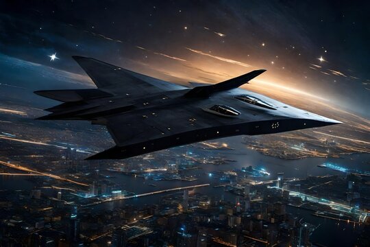 A stealth bomber stealthily gliding through the night sky, its sleek silhouette barely visible against the backdrop of twinkling stars and distant city lights.