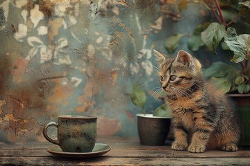 un gatito adorable sentado junto a una taza sobre una mesa, al estilo de inspiraciones paisajísticas - obrazy, fototapety, plakaty
