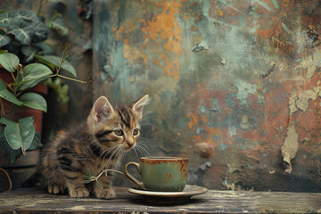 un gatito adorable sentado junto a una taza sobre una mesa, al estilo de inspiraciones paisajísticas - obrazy, fototapety, plakaty