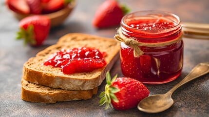 Sweet and healthy strawberry fruit jam in a glass jar on a wooden kitchen table next to the spoon and a whole grain bread for nutritious dessert vegan meal. Homemade organic marmalade  - obrazy, fototapety, plakaty