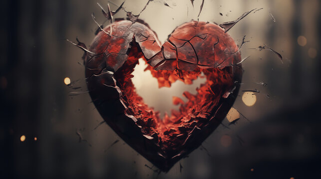 Broken Heart, an abstract image of a broken heart, hardcore style background, feeling unhappy in love, broken heart, sad, depressed, regret with belove one. Human's feeling, Emotional abstract picture