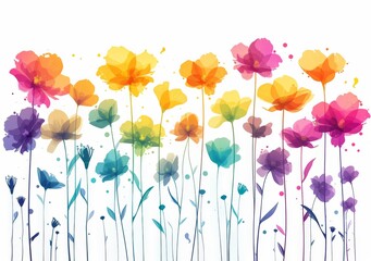 Vibrant Watercolor Flowers on White Background with Splashes of Colorful Paint for Design Concepts and Creative Projects