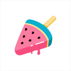 Vector watermelon ice cream on stick. Fresh and juicy watermelons. Fruit popsicle, ice. Bright cute summer flat cartoon illustration in pink color.