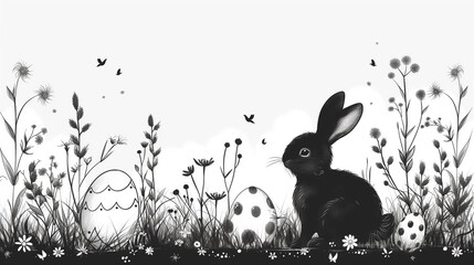 Modern minimalistic depiction of an Easter bunny, black and white tones.