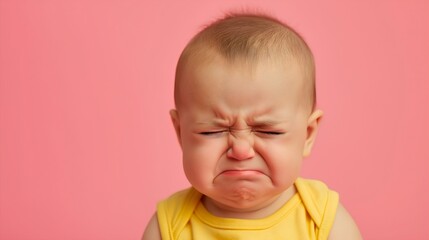Unhappy and dissatisfied toddler baby isolated on a pink studio background. Crying kid or child...