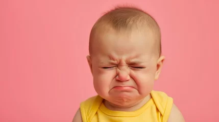 Fotobehang Unhappy and dissatisfied toddler baby isolated on a pink studio background. Crying kid or child showing frustration and negative emotion, hungry and upset, nervous face expression © Nemanja