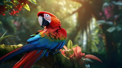 A Beautiful Parrot in the Tropical Forest, Pink Flower Paradise: Nature's Wildlife and Colorful Birds in the Tropical Forest, Exploring the Colorful Fauna: Exotic Birds and Vibrant Feathers in the Tro