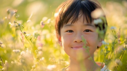 Closeup portrait of a little Asian boy walking through a sunny flower field in the summer or spring. Countryside landscape, young male child or kid playing outdoors, toddlers childhood