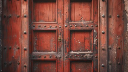 Fototapeta premium Close-up of an entrance wooden door with a rustic exterior, Generative AI