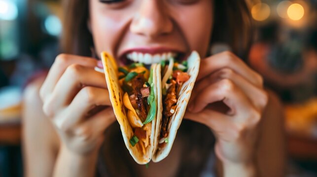 Fototapeta Closeup of a young woman smiling, opening her mouth to eat tacos that she is holding in her hands. Traditional Mexican or Spanish delicious food in a tortilla for a lunch meal in a restaurant