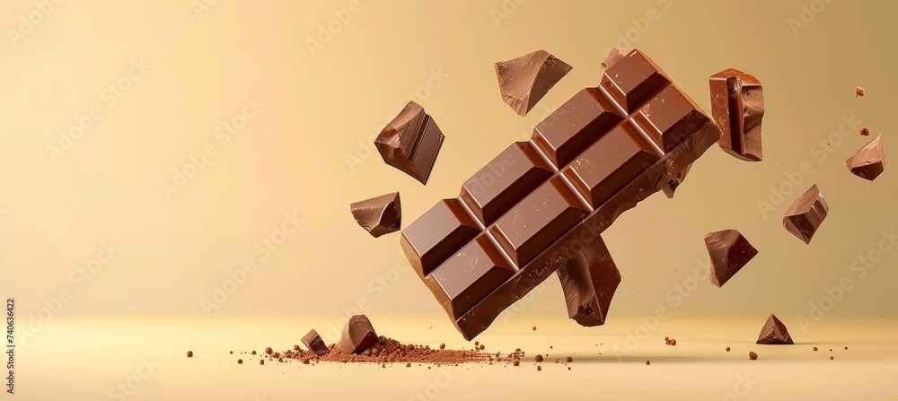 Poster floating chocolate bar and pieces on pastel background with space for text placement