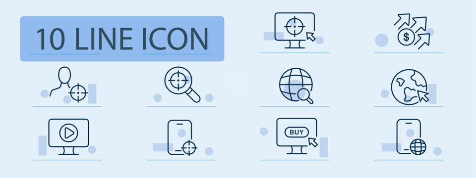 Advertising set line icon. Targeted advertising, monitor, online purchase, target audience, smartphone, Internet. Pastel color background. Vector line icon for business and advertising