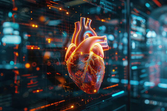 imagen médica que muestra una forma de corazón y otras partes, al estilo de temas futuristas, cardiopatías y enfermedades del corazón