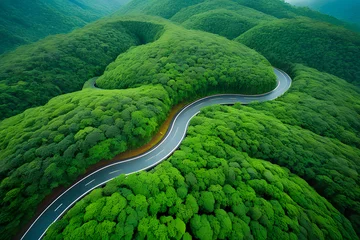 Schilderijen op glas aerial perspective of a stunning curved road winding through lush green forests, winding road in the mountains, generative AI  © RANA