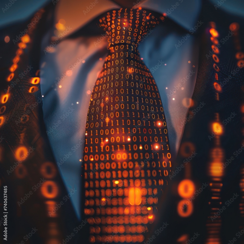 Aufkleber close-up of a businessman tie, double exposure with digital binary code, integration