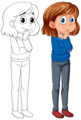 Vector illustration of a thoughtful girl, colored and sketched.
