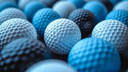 Close-up of textured golf balls in varying shades of blue, with a focus on one white ball