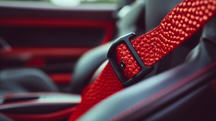 Closeup of a leather textured red belt on the black seat inside the luxurious and expensive sports...