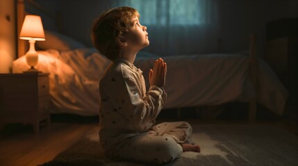Little toddler boy kneeling on the floor of his bedroom interior late at night or in the evening, closed eyes, praying to God with his hands clasped together indoors. Asking for protection,forgiveness - obrazy, fototapety, plakaty