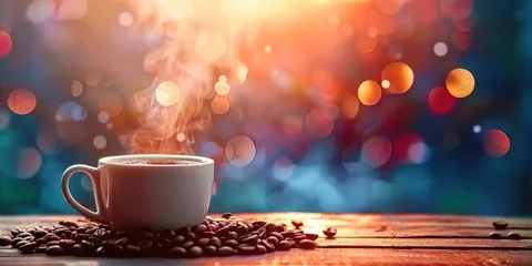 Foto op Plexiglas Steaming cup of coffee and roasted beans on wooden table representation of fresh morning break capturing gourmet espresso or cappuccino with rich aroma and enticing foam ideal for cafe or home setting © Bussakon