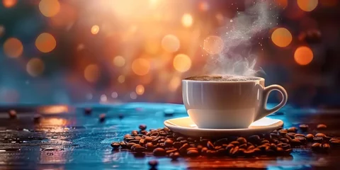 Foto op Aluminium Steaming cup of coffee and roasted beans on wooden table representation of fresh morning break capturing gourmet espresso or cappuccino with rich aroma and enticing foam ideal for cafe or home setting © Bussakon