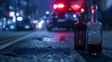 Glass bottles of alcohol drinks on the road, police car with lights on the city street at night. Dangerous collision, driving disaster, transportation incident or drunk man crime. Anger,violence,fight
