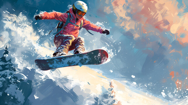 Girl jumping snowboard winter sport extreme adrenaline activity outdoor leisure recreation adventure, Generative Ai

