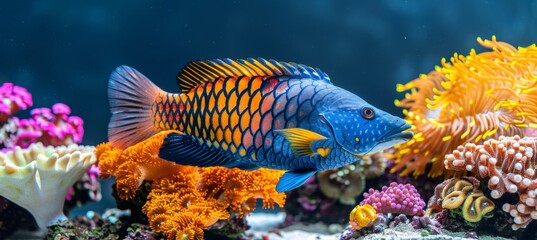 Fototapeta na wymiar Colorful wrasse fish gliding through vibrant corals in a captivating saltwater aquarium environment